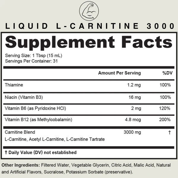 Solara™ L-Carnitine 3000mg Liquid Fast Absorbing Energy & Fat Metabolism Support